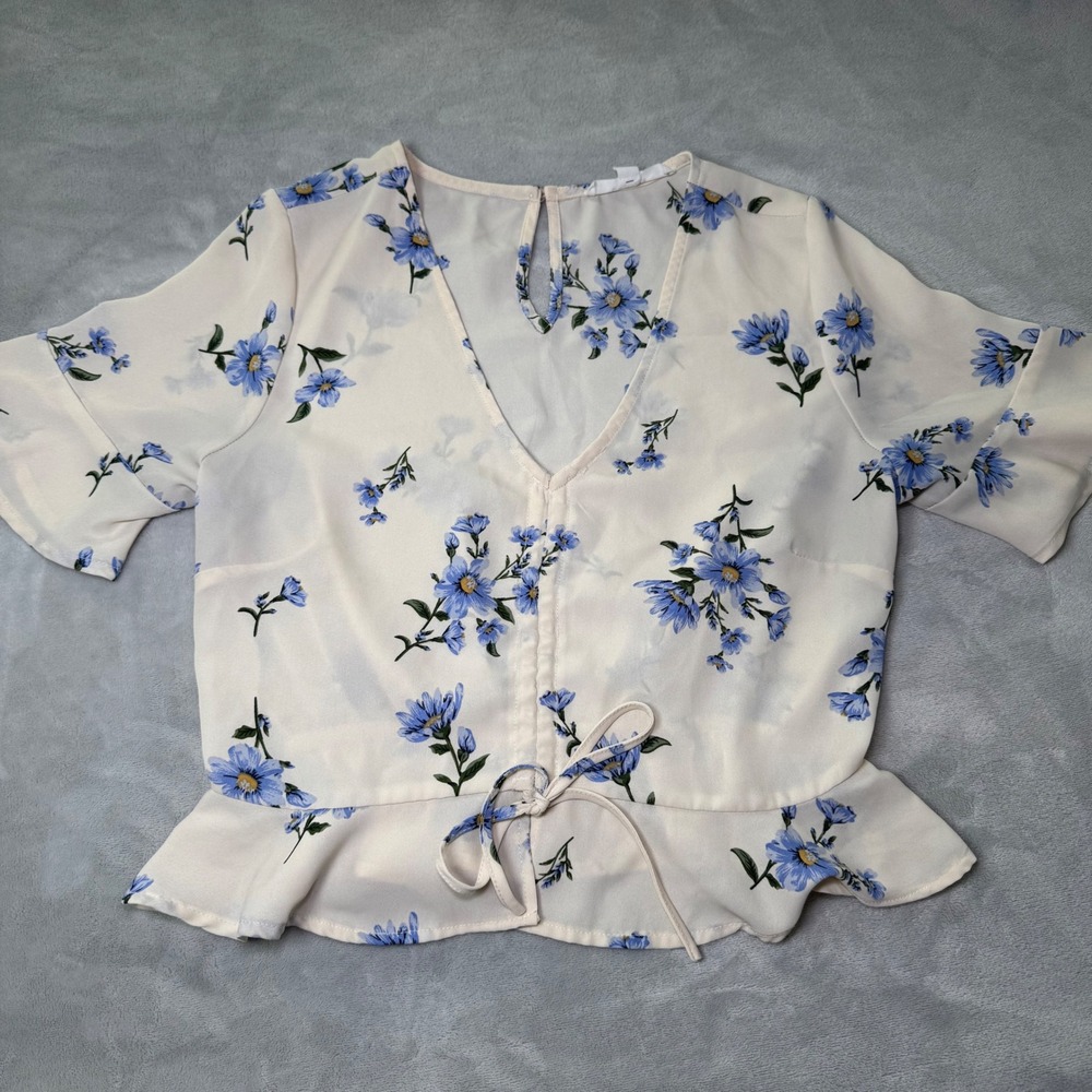 Lydelle Women's Cream with Blue Floral Print Tie‎ Front Peplum Blouse Top Size S